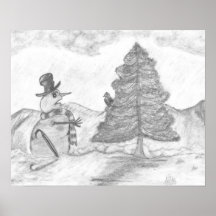 Snowman Grayscale Pencil drawing christmas scene Posters