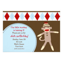 Sock Monkey Custom Birthday Party Invitaitons Announcements