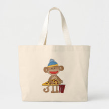 Sock monkey pizza and a soda canvas bag