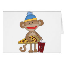 Sock monkey pizza and a soda cards