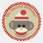 Sock Monkey second birthday red checks sticker