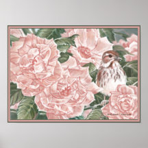 Song Sparrow and Pink Roses Flower Painting Poster