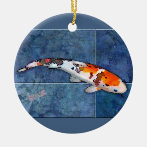 Spotted Sanke Koi in Tiled Pool with Dragonfly Christmas Ornament
