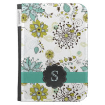 Springtime Flower Pattern Blue Green Teal Kindle Folio Case