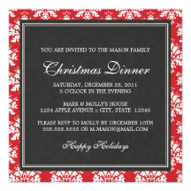 Square Red Damask Christmas Dinner Invitation