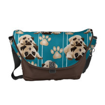 Stack o Pugs on Teal and White Stripes Courier Bags