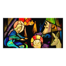 Stained Glass Style Nativity Photo Greeting Card