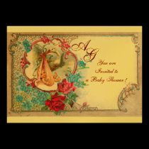 STORK BABY GIRL SHOWER 2 MONOGRAM gold metallic invitations