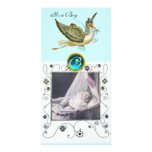 STORK BABY SHOWER SWIRLS MONOGRAM aquamarine Photo Greeting Card