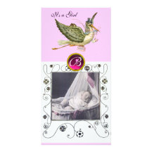 STORK BABY SHOWER SWIRLS MONOGRAM ruby white Customized Photo Card
