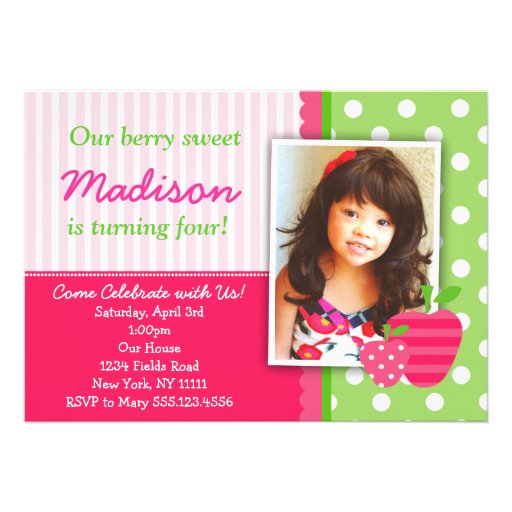 Strawberry Pink Green Birthday Party Invitations