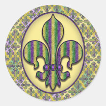 Stripe Mardi Gras Fleur de lis Round Stickers