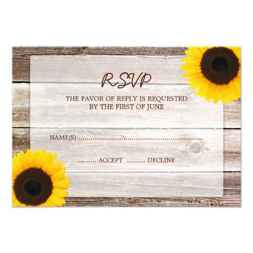Sunflower Barn Wood Wedding RSVP Response Card Personalized Invitation