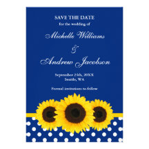 Sunflower Blue and White Polka Dot Save the Date Personalised Invitation