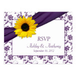 Sunflower Purple Damask Wedding RSVP Postcard