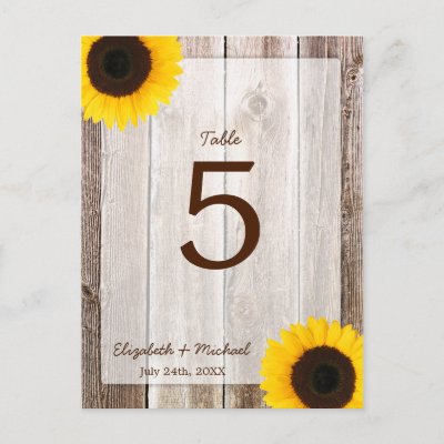 Sunflower Rustic Barn Wood Wedding Table Number Postcards by