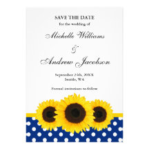 Sunflower White and Blue Polka Dot Save the Date Custom Invitation