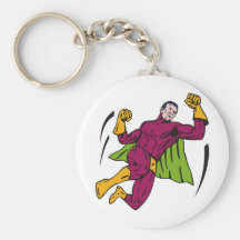 superhero caped male running flying punching keychain