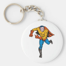 superhero caped male running flying punching key chain