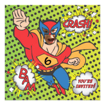 Superhero comic book birthday party photo card invitation