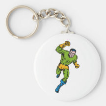 superhero male running punching cartoon key chains