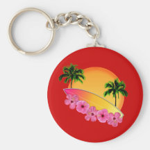 Surfboard and Hibiscus Flowers Keychains
