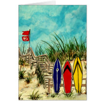 surfboard surf art red yellow and blue artwork greeting cards