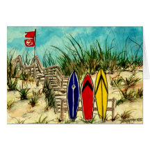 surfboard surf art red yellow and blue artwork card