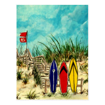 surfboard surf art red yellow and blue artwork post cards