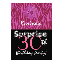 SURPRISE 30th Birthday Pink and Wine Zebra G400 Personalized Invitations