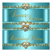 Sweet 16 16th Elegant Teal Gold Pearl Jewel Personalized Invites