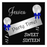 Sweet 16 Black White Silver Blue Bows Balloons Custom Announcements