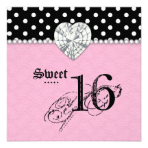 Sweet 16 Party Dots Lace Heart Diamond Pink Custom Announcement