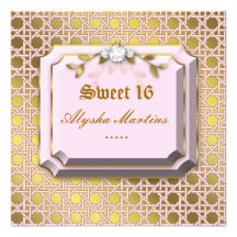 Sweet 16 Party Lattice Leaves Pink Jewel Gold Custom Announcement