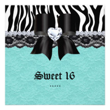Sweet 16 Party Zebra Lace Heart Bow Baby Blue Personalised Invitations