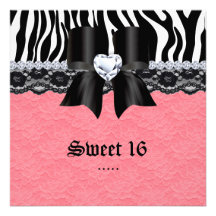 Sweet 16 Party Zebra Lace Heart Bow Baby Coral Custom Invitations