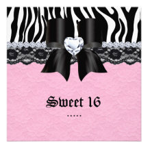 Sweet 16 Party Zebra Lace Heart Bow Baby Pink Personalized Announcement
