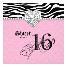 Sweet 16 Party Zebra Lace Heart Diamond Pink Personalised Invitation