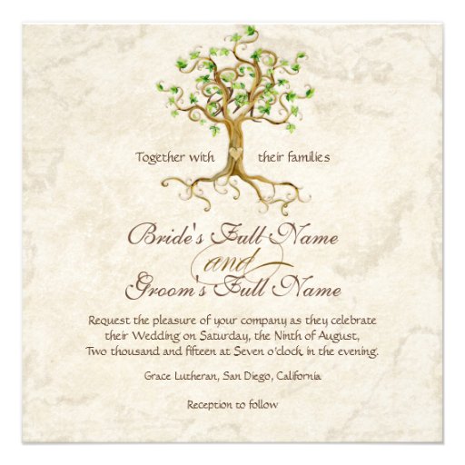 Swirl Tree Roots Antiqued Green Parchment Wedding Invitation