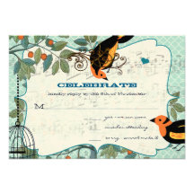 Tangerine Yellow & Black Art Deco Inspired Birds Personalized Announcements