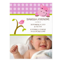 {TBA} Hippo & Birdie Baby Girl Birth Announcement Post Cards