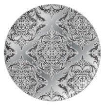 <TBA Winner>Debonair Damask Black, White, Silver Party Plate