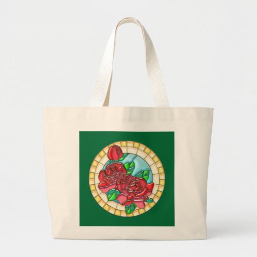 Tea Rose Trio in Circular Stained Glass Window Tote Bag