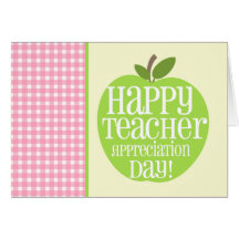 Teacher Appreciation Day Green Apple Pink Gingham Card