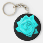Teal aqua coloured rose solid black background keychains