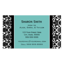 Teal Black Damask Retro Mom Calling Cards Business Card