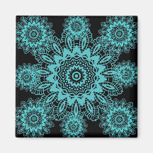 Teal Blue and Black Lace Snowflake Mandala Refrigerator Magnet