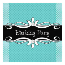 Teal Blue Black Polka Dot Womans Birthday Party Invitations