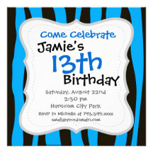 Teal Blue Black Tiger Zebra Stripes Wild Animal Personalized Invite