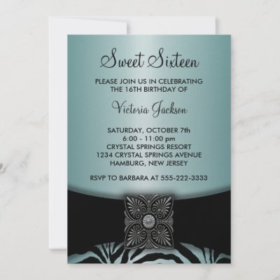 Teal Blue Black Zebra Sweet Sixteen Party Personalized Invites by 